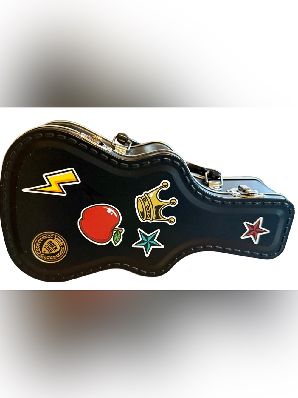 SUK Black metal Guitar Case lunchbox with Colorful Sticker Accents